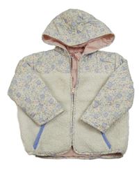 Smotanová huňato/šusťáková podšitá/zateplená bunda s kvietkami a prošíváním a kapucňou PRIMARK