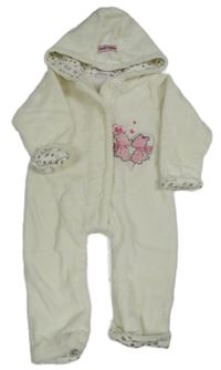 Smotanová plyšová podšitá kombinéza s medvedíkmi a kapucňou BERTI
