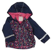 Tmavomodrá šušťáková jarná bunda s kvietkami a ježečky a muchomůrkami a kapucňou Topomini