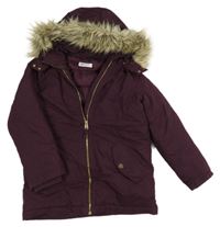 Tmavovínový šušťákový zimný kabát s odopínacíá kapucňou s kožešinou H&M