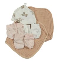 5Set - 1x - Biela čapica s medvedíkmi H&M + 3x - rukavice + 1x - pudrová mušelínová utěrka přes rameno