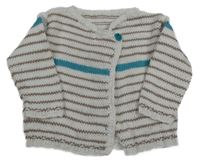 Bielo-hnedo-modrozelený pruhovaný pletený prepínaci sveter