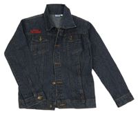 Tmavomodrá rifľová bunda s nápismi a číslom a golierikom Tom Tino