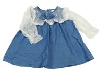 Modro-biele riflovo/krajkové šaty s mašlou a kvetmi a bodkami a volánikmi