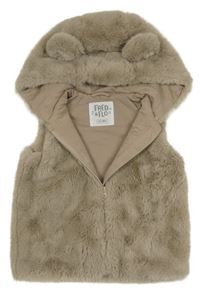 Béžovošedá kožešinová podšitá vesta s kapucí s oušky F&F