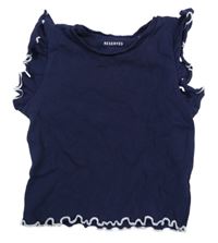 Tmavomodré rebrované crop tričko s volánikmi RESERVED