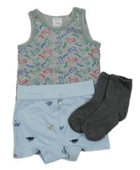 3Set - Šedý melírovaný nátělník s dinosaurami miniclub + světlemodré trenýrky Topomini + tmavošedé ponožky