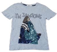 Svetlomodré melírované tričko so žralokem z flitrů H&M