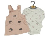 Nové - 2set - bílé body s mašlemi + růžové riflové laclové šaty s Minnie Disney