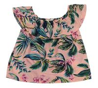 Růžovo-barevná květovaná crop halenka s odhalenými rameny Primark 