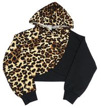 Béžovo-čierna crop mikina s leopardím vzorom a kapucňou Shein