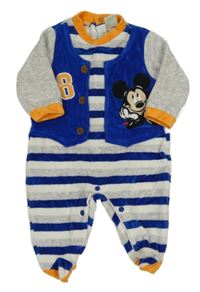 Sivo-modro-biely pruhovaný zamatový overal s Mickeym a sakem Disney