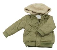 Khaki prošívaná šusťáková zateplená bunda s huňatou kapucí Primark