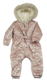 Růžová lesklá prošívaná šusťáková zimní kombinéza s páskem a kapucí F&F