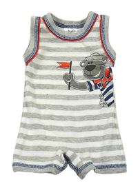 Sivo-biely pruhovaný bavlnený kraťasový overal s medvěďom