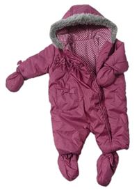 Tmavoružová šušťáková zimná kombinéza s kapucí + rukavice a topánky Mothercare