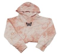 Svetloružová crop mikina s motýlkom a kapucňou