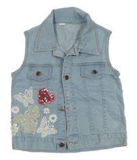 Svetlomodrá rifľová vesta s obrázky z flitrů