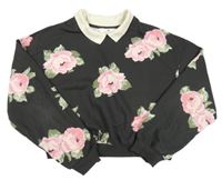Antracitová crop mikina s růžemi a golierikom H&M