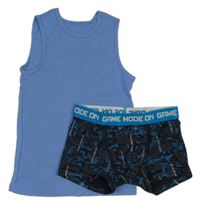 2 set - modrý nátělník + černo-modré vzorované boxerky 