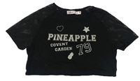 Čierne crop tričko s nápismi a sieťovanymi rukávy Pineapple