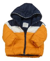 Tmavomodro-bílo-oranžová šusťáková zimní bunda s kapucí F&F