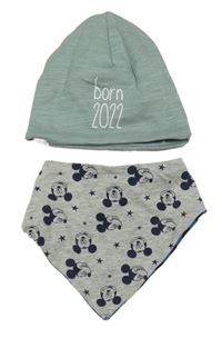 2set - zelená čapica s nápisem + šedý slinták s Mickeym