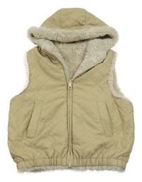Béžová šušťáková zateplená obojstranná vesta s kapucňou