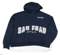 Tmavomodro-biela mikina s nápismi a všitým trikem a kapucňou River Island