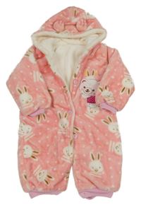 Ružová vzorovaná plyšová zateplená kombinéza s králíčky a kapucňou