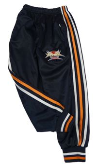 Tmavomodro-bílo-oranžové sportovní tepláky s výšivkou 