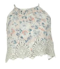 Dámský bílo-růžovo-světlemodrý květovaný crop top s krajkou H&M