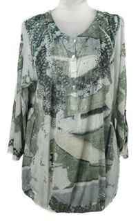 Dámská khaki-bílá vzorovaná halenka s kamínky 