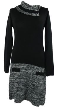 Dámske čierno-sivé melírované svetrové šaty s golierom Bonprix
