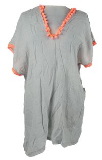 Nové - Dámska sivá plážová tunika s růžovým lemem a strapcemi