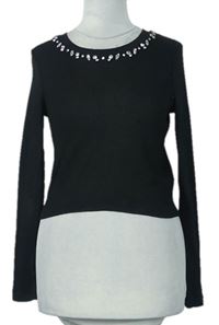 Dámske čierne rebrované crop tričko s kamienkami H&M