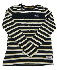 Černo-bílo-žluté pruhované trko s nápisom Vingino