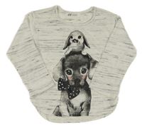 Bílo-šedé melírované úpletové triko s pejskem a králíčkem H&M