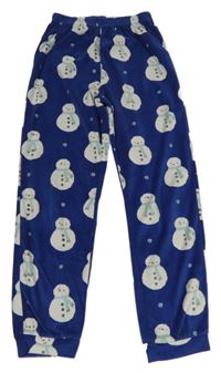 Tmavomodré plyšové pyžamové kalhoty se sněhuláky Tu