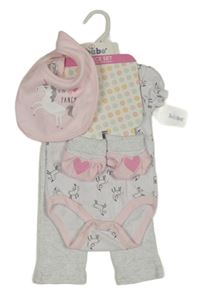Nové - 4 set - sivé legíny + biele body s jednorožci + ružový bryndák + svetloružové cápačky