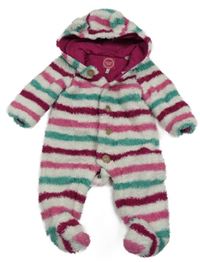 Bielo-zeleno-ružová pruhovaná chlpatá podšitá kombinéza s kapucňou Joules
