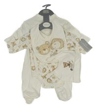 Nové - 4set - Smetanový overal s medvídky + body + bryndák + čepice 