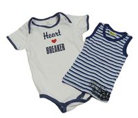 2set - Bílo-tmavomodré bodysnápisem + pruhovaný nátělník