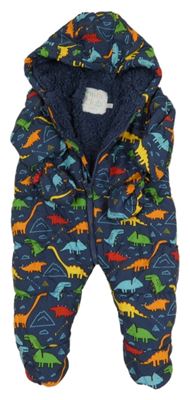 Tmavomodrá šusťáková zimní kombinéza s dinosaury a kapucí + rukavice Miniclub