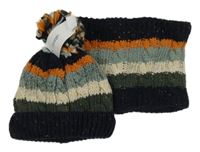 Nové - 2set - Pruhovaná pletená podšitá čepice s bambulí + nákrčník George 