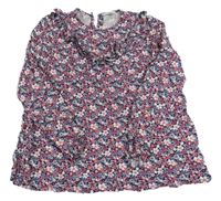 Tmavomodrá kvetovaná blúzka s volánikmi Vertbaudet