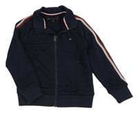 Tmavomodrá propínací mikina s proužky a logem Tommy Hilfiger