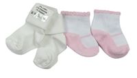 2x - Ponožky - Bílé žebrované, bílo/světlerůžové