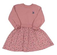Růžové teplákovo/bavlněné šaty s ptáčkem a větvičkami John Lewis