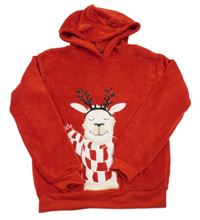 Červená plyšová mikina s lamou a kapucňou s uškami DESTINATION